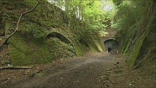 Former railway track with tunnel in distance