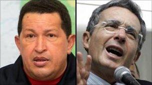 Hugo Chavez (left) Alvaro Uribe (right)