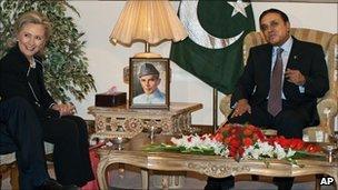 US Secretary of State Hillary Clinton meets Pakistani President Asif Ali Zardari at the Presidential Palace in Islamabad on 18 July 2010.