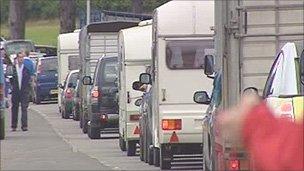 Queues as people and livestock arrive at the showground