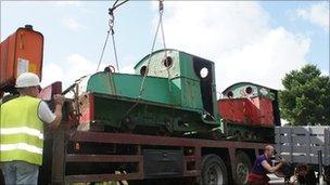 The two engines arrive at Porthmadog on the back of a lorry