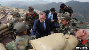 Recep Tayyip Erdogan meets troops at a military outpost in Gediktepe, Hakkari province (20 June 2010)