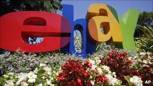 The company logo is shown at eBay headquarters in San Jose, California