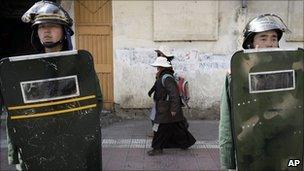 File image of paramilitary police in Lhasa on 27 March 2008