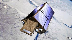 Artist's impression of Cryosat measuring ice thickness (Esa)