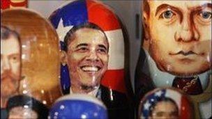 Traditional Russian nesting dolls with the images of US President Barack Obama and Russian President Dmitry Medvedev on display in Moscow