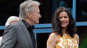 Catherine Zeta Jones and Michael Douglas arriving at the hospital in Cardiff