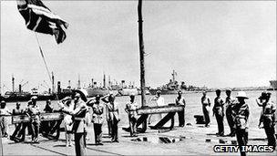 Union Jack being lowered for the final time in Haifa, Israel, in 1948