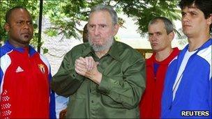 Fidel Castro, in green, at the Mausoleum of the Heroes of the Revolution in Artemisa outside Havana, Cuba, on 24 July, 2010