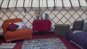 Interior of yurt at Broome Retreat, Powys