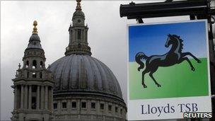 Lloyds branch sign near St Paul's Cathedral in London.