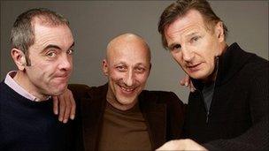 Director Oliver Hirschbiegel flanked by James Nesbitt and Liam Neeson at Sundance Film Festival