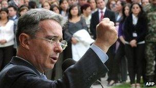 Alvaro Uribe gives a farewell speech at the Colombian defence ministry on 27 July