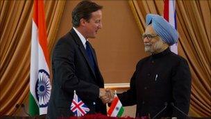 Prime Minister David Cameron and Indian Prime Minister Manmohan Singh on July 29, 2010 in Delhi, India