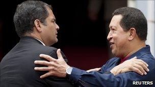 Rafael Correa (left) and Hugo Chavez (right) in a photo from 6 July 2010