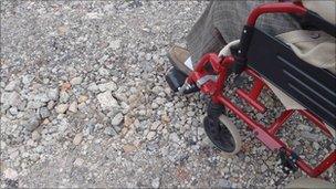 Wheelchair crossing the disabled car park at the National Eisteddfod at Ebbw Vale.