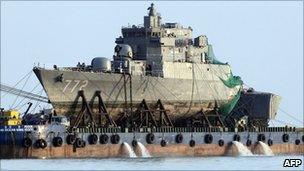 The Cheonan is lifted from the sea on 24 April 2010