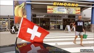 Swiss flag on car at Tiengen, Germany, just over the Swiss border