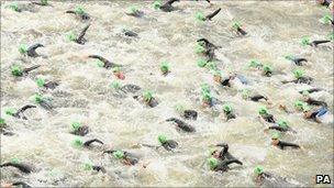 Competitors start the Challenger World London Triathlon in London