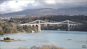 The Menai bridge across the strait between Anglesey and the north Wales mainland