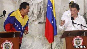 Hugo Chavez of Venezuela and the new Colombian president Juan Manuel Santos - 10 August 2010