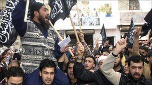 Abdul Rahman Awad (l) leads chanting at a demonstration in southern Lebanon (undated file photo)