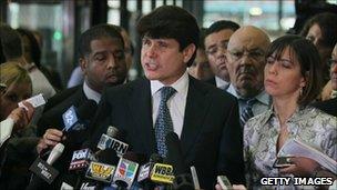 Rod Blagojevich speaks to the press after the verdict in his corruption trial in Chicago, 17 August 2010