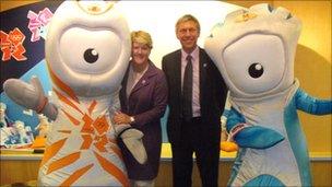 BBC presenter Clare Balding and ex-world record holder David Moorcroft with mascots