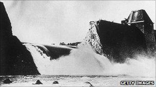 The Mohne Dam after being attacked in the Dambusters raid in 1943