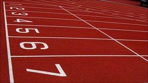 Starting blocks with numbered running lanes