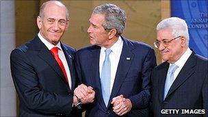 Olmert, Bush and Abbas at Annapolis conference in 2007