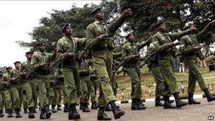 Kenya Army soldiers rehearse a military parade at Uhuru Park, Nairobi, Kenya, Tuesday, 24 August 2010