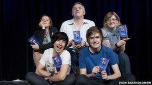 (back from left) Josie Long, Greg Davies, Sarah Millican (front from left) Russell Kane and Bo Burnham.