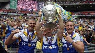 Warrington's Matt King, Michael Monaghan and Chris Hicks with the Challenge Cup at Wembley