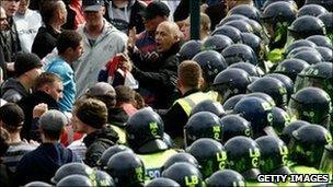 Police and EDL supporters in Bradford