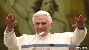 Pope Benedict XVI leads the Angelus prayer from the balcony of his summer residence of Castelgandolfo, south of Rome, August 29, 2010