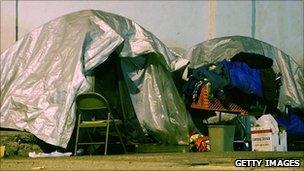 Tents on a sidewalk in the Skid Row district in Los Angeles