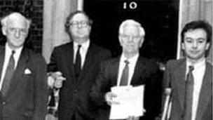 Lord Ashley delivering a petition to 10 Downing Street