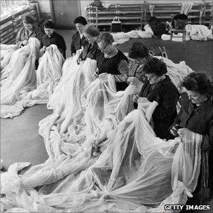 Checking lace in a factory, 1959