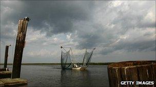 Fishing boat on the first day of the shrimping season, Louisiana