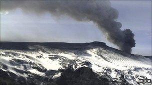 Plume of ash rising from a volcano in southern Iceland's Eyjafjallajokull glacier