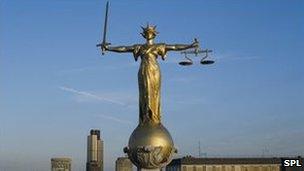 Statue of the Scales of Justice on the rooftop of the Old Bailey building