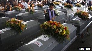 A priest blesses the coffins of 16 Hondurans killed in the massacre in Tamaulipas in August