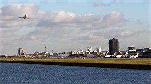 An aircraft takes off from London City Airport