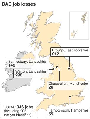 Map showing areas where BAE jobs will be lost