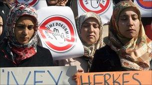 A group of women protesting against headscarf ban in Turkey, 2008