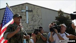 Supporter of Pastor Terry Jones outside his church in Gainesville, Fla