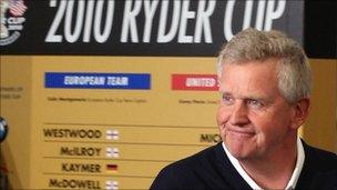 European Ryder Cup team captain Colin Montgomerie poses after announcing his team