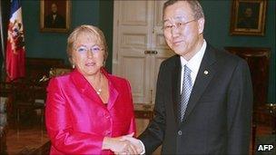 Michelle Bachelet and UN chief Ban Ki-moon in Chile in March 2010