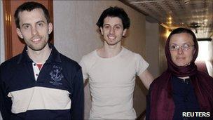 Shane Bauer (L), Joshua Fattal (C), and Sarah Shourd, file image